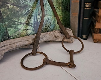 Antique Hand Forged Horse Bit with Large Rings & Some Leather Rusty Farmhouse Decor   #3991