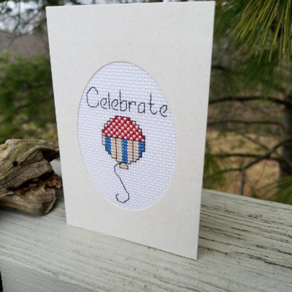 Cross Stitch Card Small CELEBRATE Card with Red, White & Blue Balloon / Framable Cross Stitch Card / Gift Card Holder