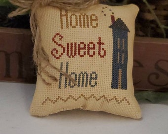 HOME SWEET HOME Cross Stitch Mini Pillow / Home Sweet Home House Pinkeep / Handmade Mini Pillow