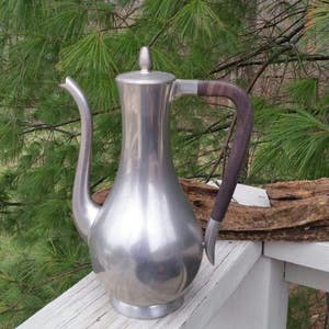 Pewter Royal Holland Tea Pot or Coffee Pot with Curved Wood Handle Goose Neck