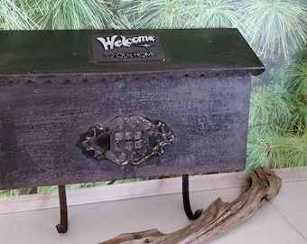 Black Steel Mailbox Newspaper Holder "Welcome To Our Home"  Embellishment:  Vintage Mailbox   #2899
