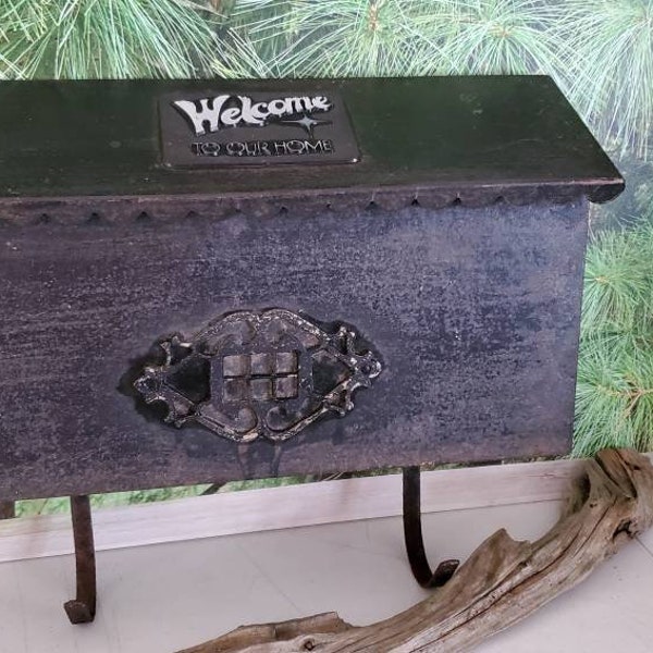 Rustic Black Steel Mailbox with Newspaper Holder "Welcome To Our Home"  Embellishment on Lid Vintage Steel Wall Mount Mailbox   #2899