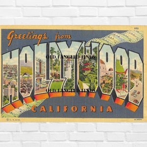 Download digital letras grandes saudações de HOLLYWOOD CALIFÓRNIA Cartão postal digital arte scrapbooking fornecimento cartão Curt Teich dos anos 1940