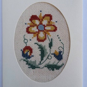 Hand Stitched Daisy Card: Jacobean Cross Stitch, Framable Art