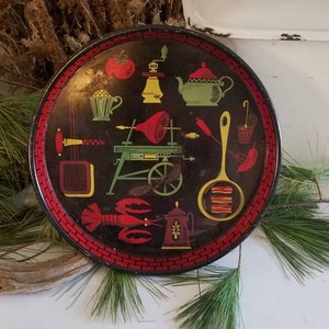 Retro Round Kitchen Metal Serving Tray, Lobster Kitchen Tools, Red & Black Kitsch Graphics  #4469