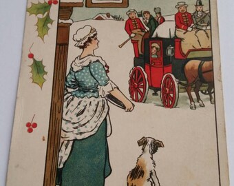 Antique Raphael Tuck & Sons Christmas Greetings Postcard Woman Watching Stagecoach