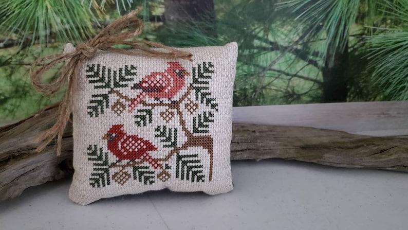 OldFangledFinds Cross Stitch Cardinals in Pine Boughs Pillow