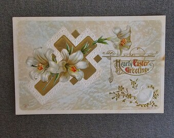 Hearty Easter Greetings Cross & Flowers Postcard Embossed Collectible Ephemera Gift For Her