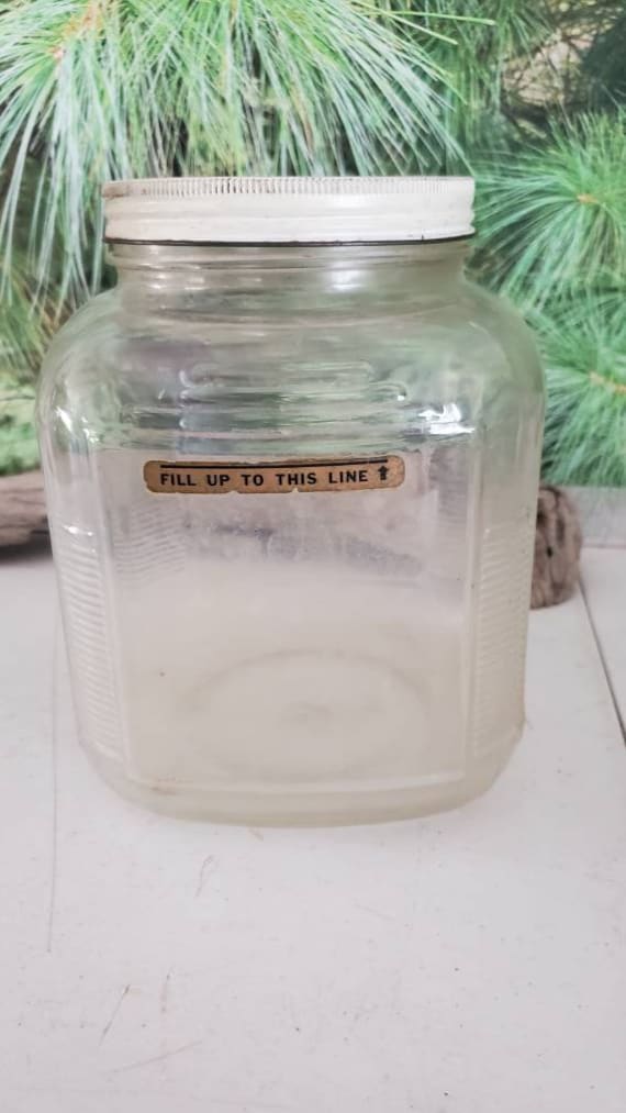 Hoosier Cabinet Glass Coffee Jar with Original Lid & Textured Art Deco Glass Corners #3084