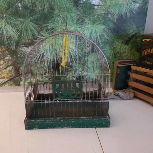 1940s Hendryx Vintage Wire Birdcage Green & Gray with Pull Out Pan Shabby Distressed Metal Home Decor  #3569