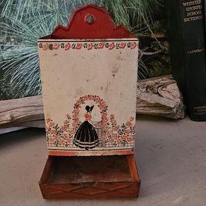 Red Metal Matchbox Holder with Victorian Lady in a Garden Design Distressed Fireplace Farmhouse Decor  #4441