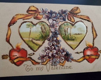 To My Valentine Antique Postcard Heart of Flowers with Gold Ribbon / Valentine Postcard Country Scene