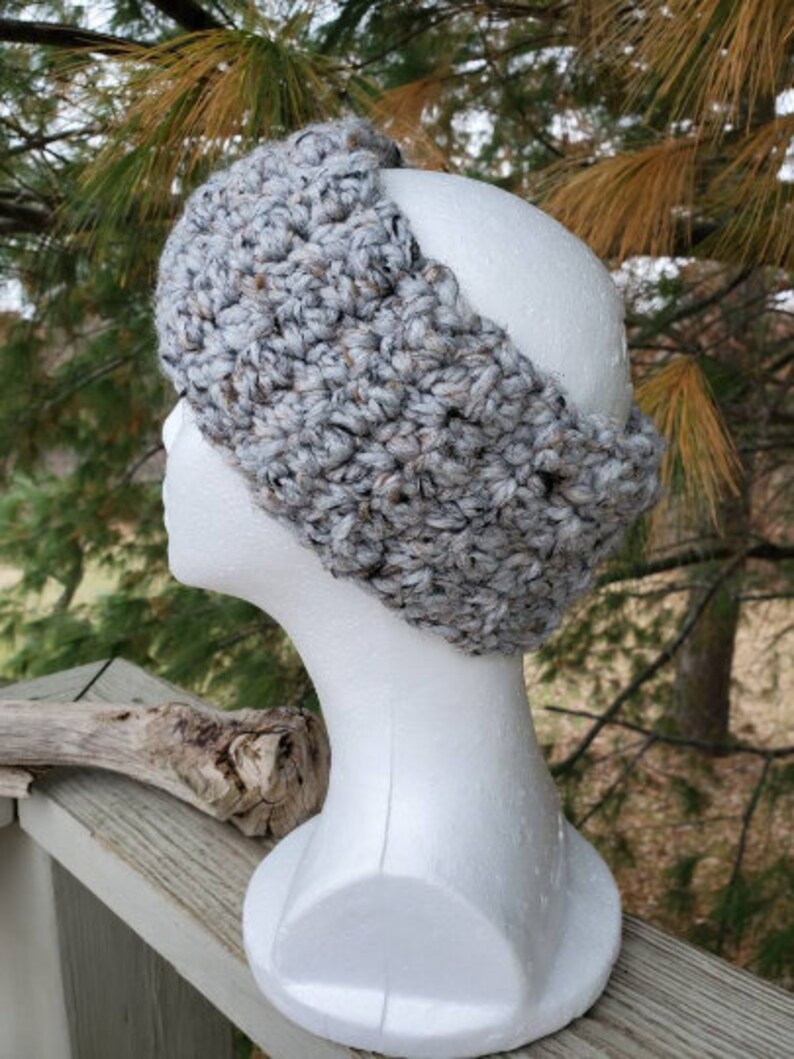 Head Warmer Crochet Earmuff Headband Chunky Marbled Light Gray Etsy