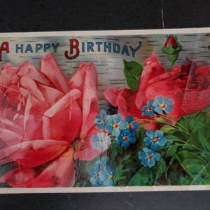 A Happy Birthday Postcard with Pink & Red Roses Antique Birthday Postcard Collectible Ephemera