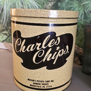 1 Pound Beige & Brown Charles Chips Potato Chip Can Vintage Advertising Tin Storage Empty   #4687