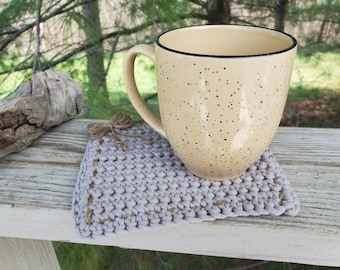 Handmade Crochet Coaster – Gray Cotton Mug Rug with Jute Accent
