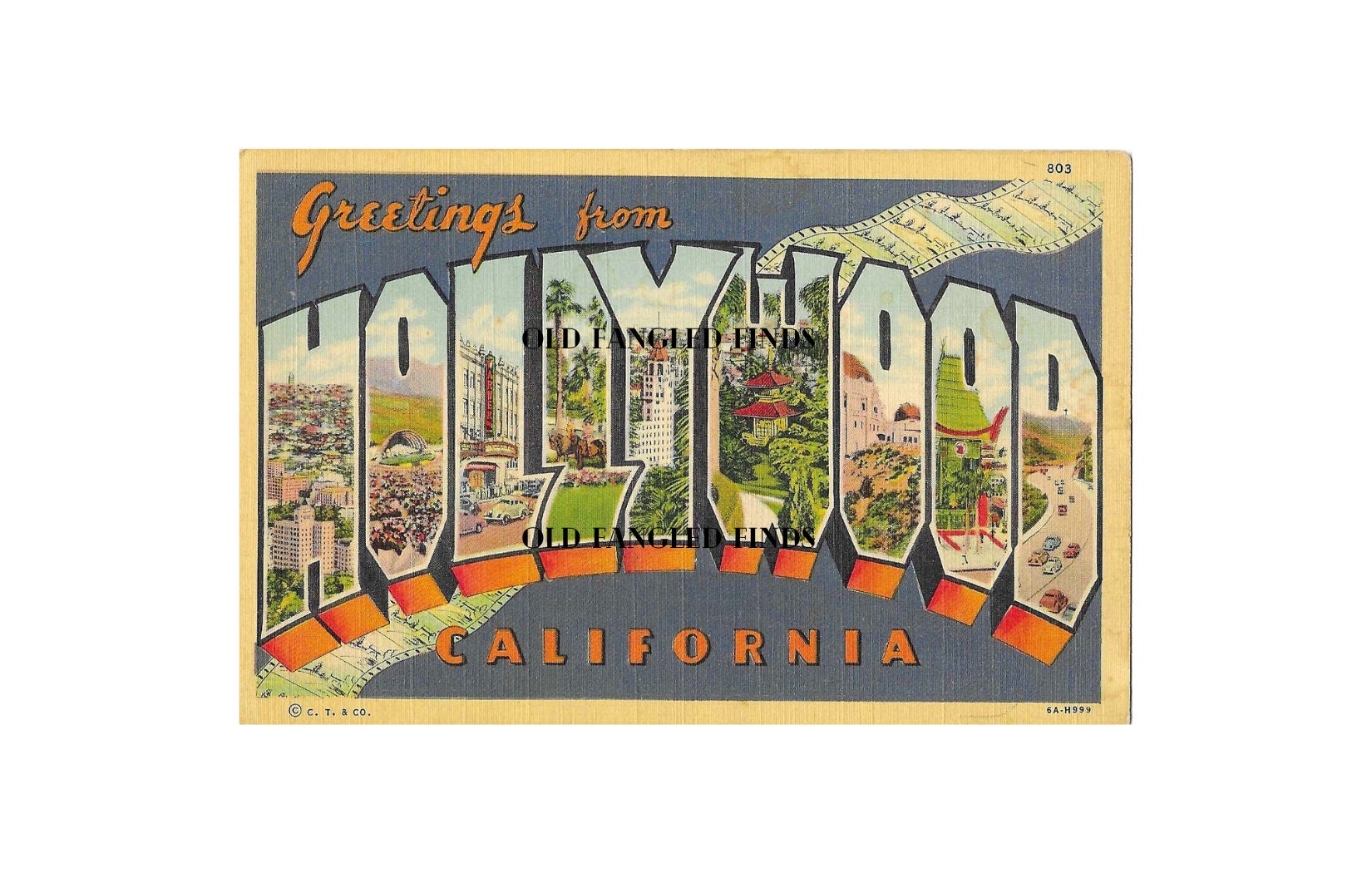 Hollywood California Postcard: 1940s Curt Teich, Big Letters