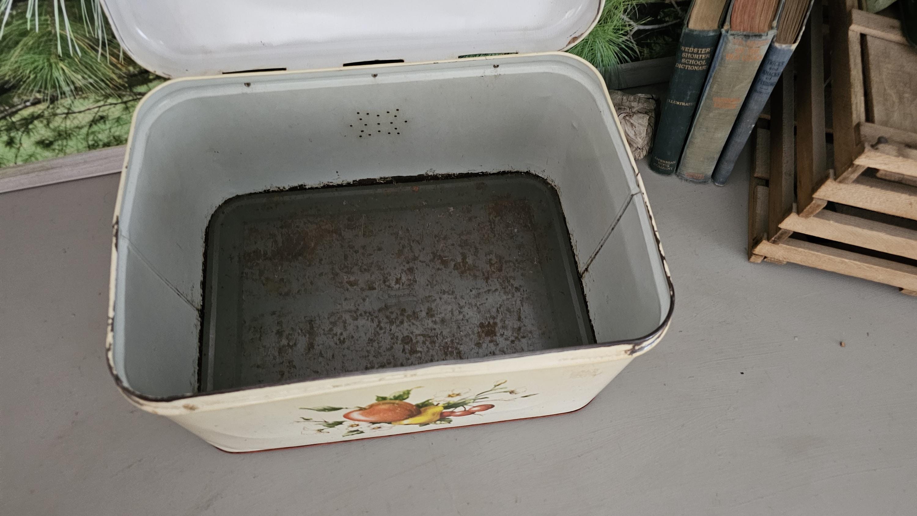 Vintage 1950s Decoware Bread Box: Red Lid, Fruit Motif, MCM