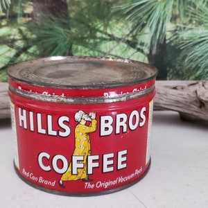 Red Hills Bros Coffee Can with Original Lid, 1950s Advertising Coffee Can, Hills Bros. Brand 1 Lb  #2402
