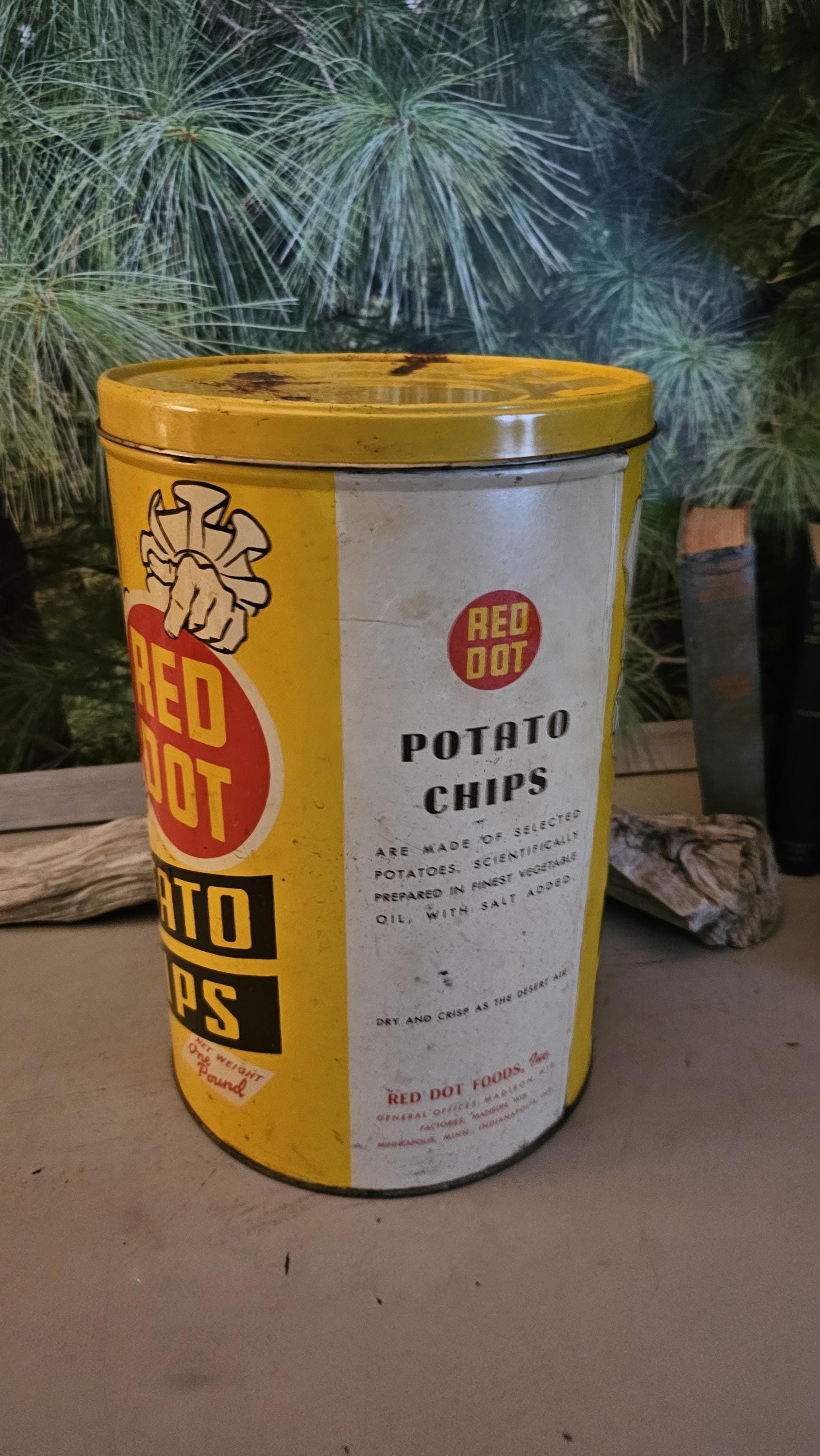 1950s Red Dot Potato Chip Tin Yellow, Red, White Black: Vintage