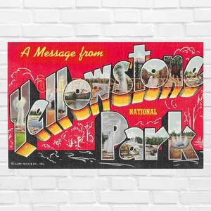 Téléchargement numérique Un message du parc national de Yellowstone des années 1940 Carte postale en lin Curt Teich Company Fournitures de scrapbooking imprimable Art mural