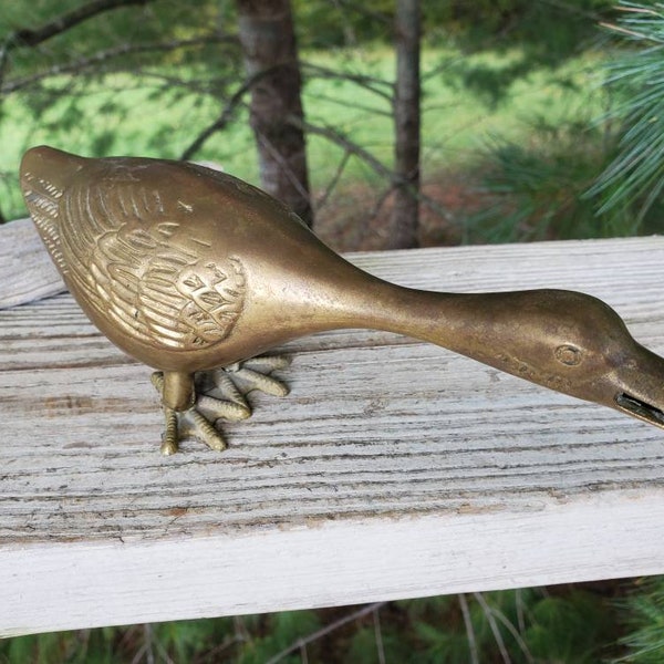 Small Solid Brass Standing Duck Etched Details Distressed Beak / Brass Home Decor  #1282