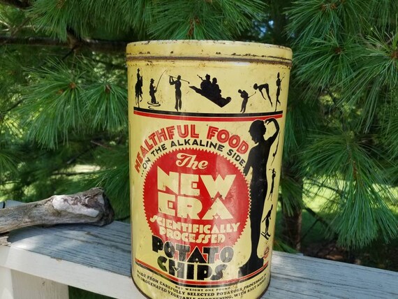 Vintage 1950s New Era Potato Chip Tin: Distressed Advertising Can