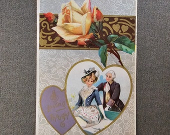 Antique A Loving Thought Postcard Couple Inside A Gold Heart & Rose Postcard, Vintage Collectible Ephemera Gift For Her