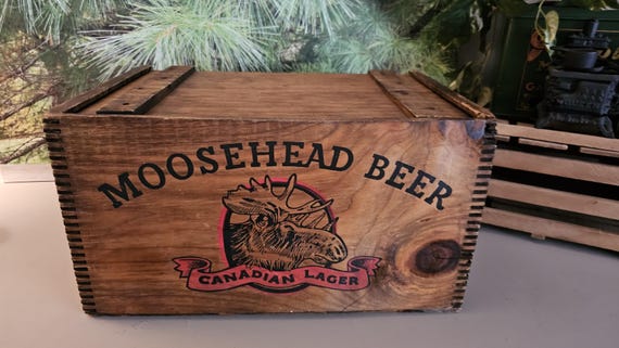 Vintage Moosehead Beer Crate: Canadian Lager, Wood Slide Lid Man