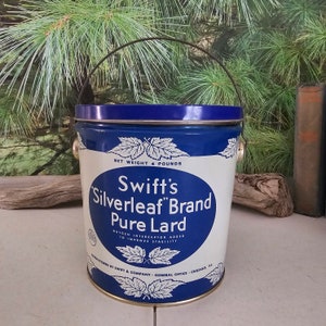 Blue & White Swift&#39;s Silverleaf Brand Pure Lard Pail 4 Lb. Can Rustic Advertising Vintage Farmhouse Kitchen Decor  #3864