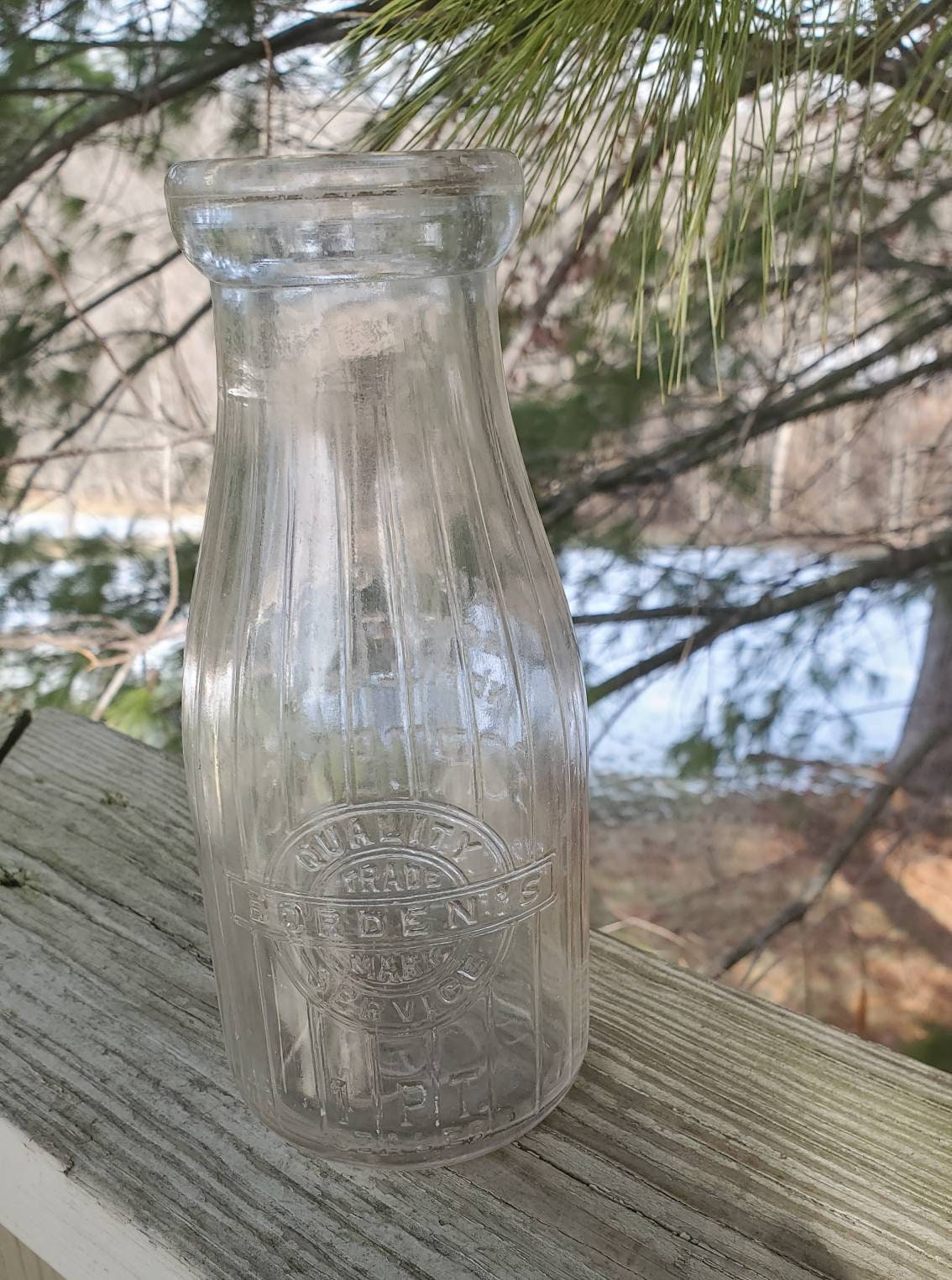 BORDEN'S Ribbed Pint Clear Glass Embossed Milk Bottle