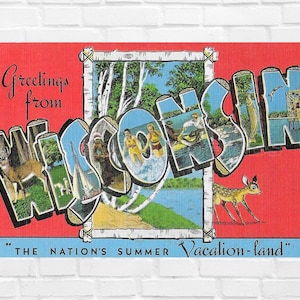 Salutations du WISCONSIN en téléchargement numérique « The Nation's Summer Vacation-Land » Carte postale en lin bleu et orange des années 1930