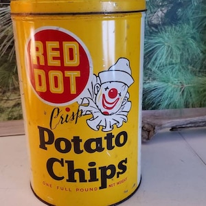1950s Red Dot Potato Chip Tin Vintage Empty Yellow, Red, White & Black Chip Tin 1 Pound Net Weight    #2828