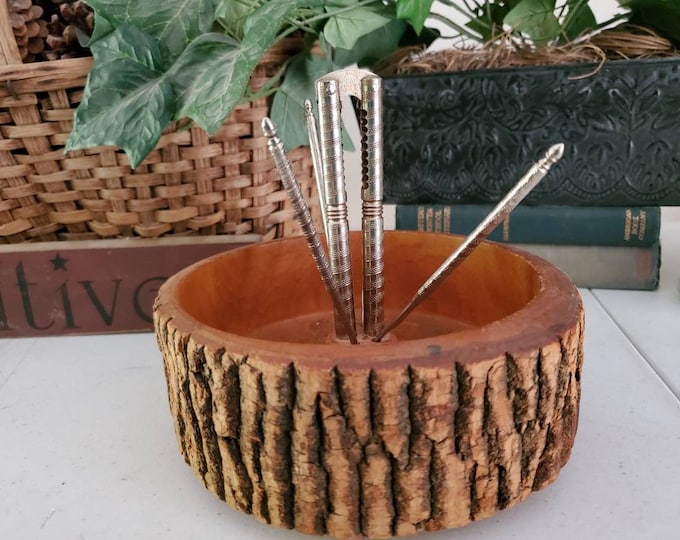 Round Tree Bark Nut Bowl With Nutcracker & Picks / 6 Piece Etsy