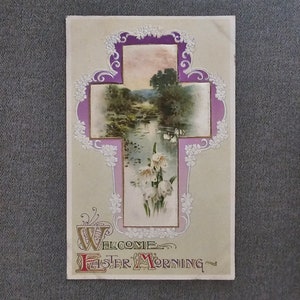 Welcome Easter Morning Purple Flowers & Cross Antique Postcard Embossed Printed In Germany Collectible Ephemera