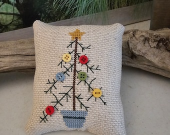 Made to Order  Cross Stitch Button Christmas Tree Mini Pillow Holiday Bowl Filler Cross Stitch Tree with Buttons Pin Keep