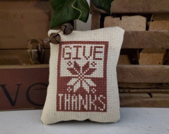 Primitive Redwork Give Thanks  Completed Cross Stitch Sampler / Thanksgiving Cross Stitch / Ready to Ship!