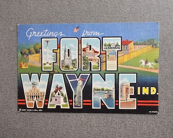 Greetings From FORT WAYNE IND Linen Postcard with Large Letters Curt Teich & Co. 3 1/2 X 5 1/2 Collectible Ephemera Gift For Him