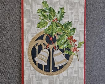 Embossed A JOYFUL CHRISTMAS Holly Branches & Silver Bells Antique Christmas Postcard Collectible Holiday Ephemera
