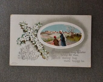 A Joyful Easter Cross & Outdoor Scene Embossed Postcard Collectible Ephemera