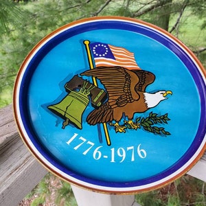 Metal Bicentennial Round Serving Tray with Bald Eagle & Flag 1776-1976 Tray Decor  #1103
