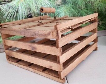 Primitive Slat Wood Egg Crate with Lid & Handle Rustic Farmhouse Kitchen Decor  #2549