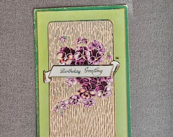Embossed Antique Birthday Greeting Postcard with Purple Flowers & Green Border Collectible  Ephemera Gift For Her