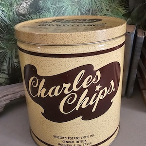 Brown & Beige Charles Chips Bar-B-Q Flavored Potato Chip Can Vintage Advertising Tin, Kitchen Storage Empty  #4266