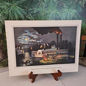 1952 &quot;Wooding Up On The Mississippi&quot; Lithograph Currier & Ives Original Bookplate Vintage Framable Wall Art Home Decor Gift For Him