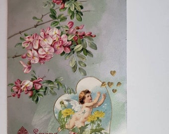 Antique Loving Thoughts Postcard, Cherub & Flowers Postcard, Vintage Ephemera