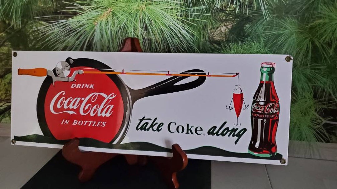 Vintage Coca-cola Porcelain Sign, Ande Rooney, Fishing Pole