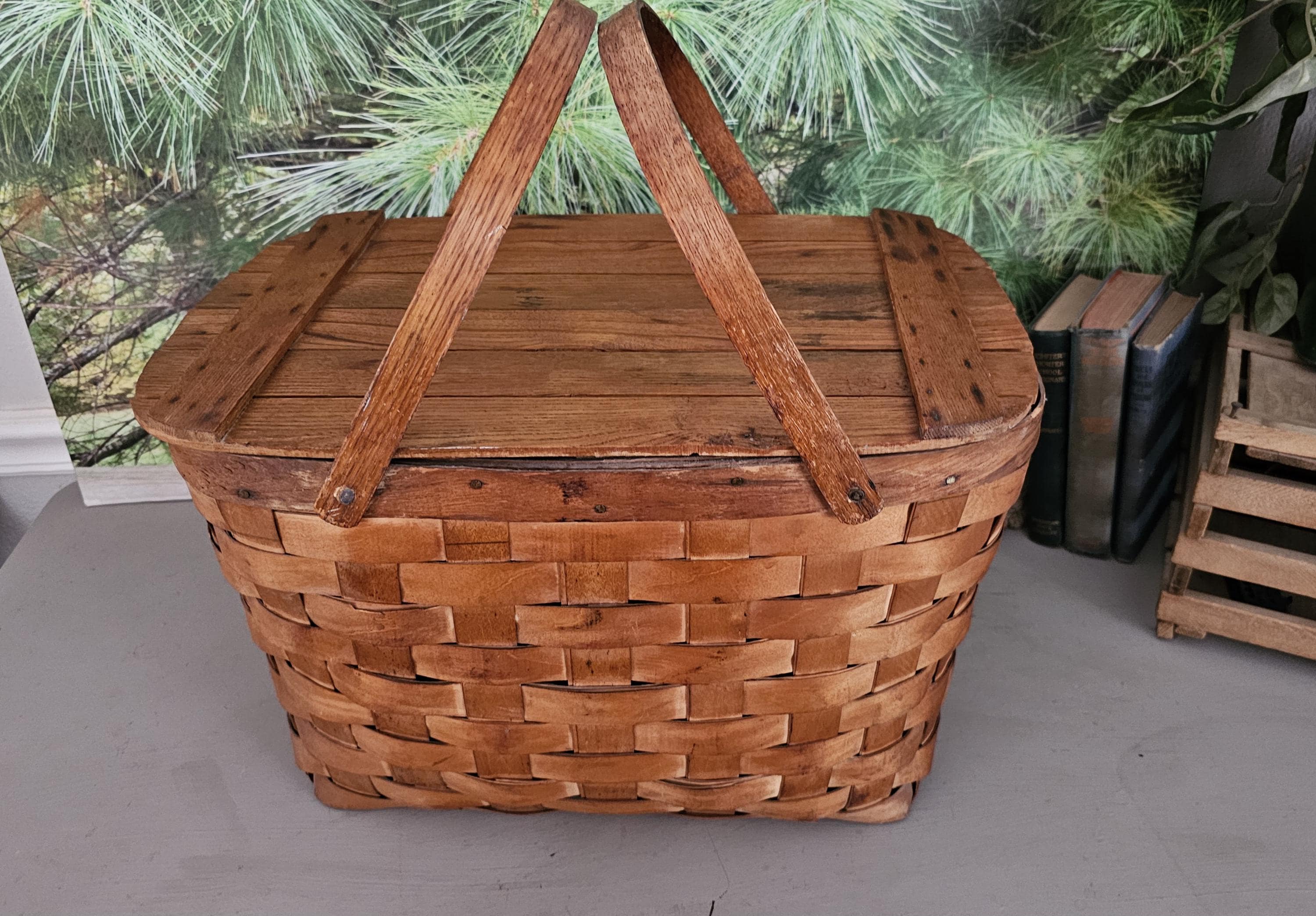 Vintage Woven Splint Wood Picnic Basket With Plates & Cups - Etsy