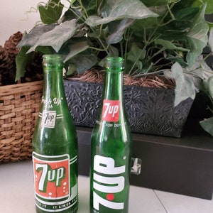 Vintage 7 UP Green Glass Soda Bottles Set of 2 Collectible Glass  #1635