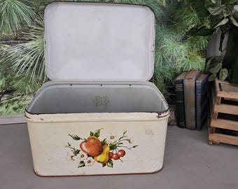 Vintage 1950s Decoware Bread Box: Red Lid, Fruit Motif, MCM